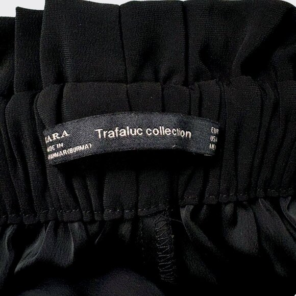 ZARA High Rise Wide Leg Cropped Pants XS Black Tie Waist Elastic Back - Picture 4 of 10